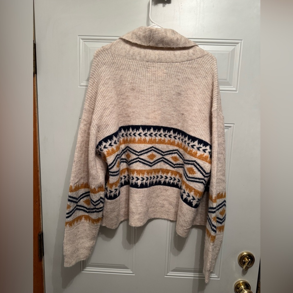 Lucky Brand NWT  Shawl Open Cardigan Aztec Southwest Navy Gold Cream sz. Large - Picture 2 of 4